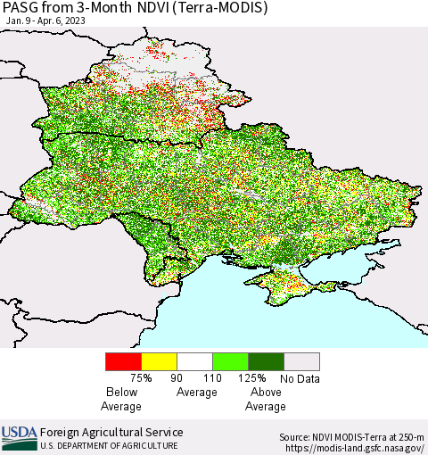 Ukraine, Moldova and Belarus PASG from 3-Month NDVI (Terra-MODIS) Thematic Map For 4/1/2023 - 4/10/2023