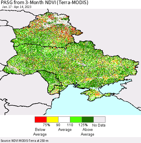 Ukraine, Moldova and Belarus PASG from 3-Month NDVI (Terra-MODIS) Thematic Map For 4/7/2023 - 4/14/2023