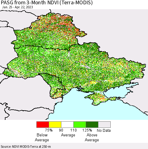 Ukraine, Moldova and Belarus PASG from 3-Month NDVI (Terra-MODIS) Thematic Map For 4/15/2023 - 4/22/2023