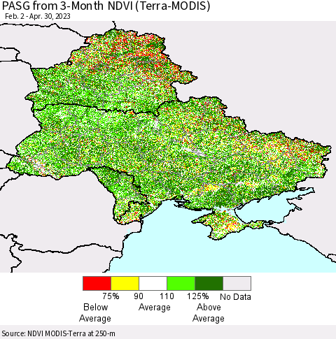 Ukraine, Moldova and Belarus PASG from 3-Month NDVI (Terra-MODIS) Thematic Map For 4/21/2023 - 4/30/2023