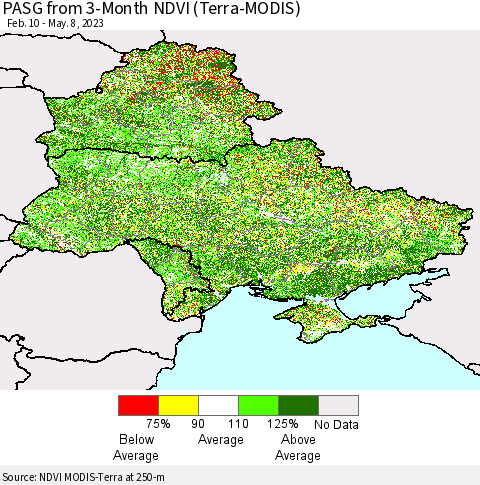 Ukraine, Moldova and Belarus PASG from 3-Month NDVI (Terra-MODIS) Thematic Map For 5/1/2023 - 5/8/2023