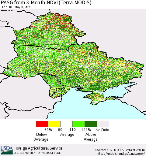 Ukraine, Moldova and Belarus PASG from 3-Month NDVI (Terra-MODIS) Thematic Map For 5/1/2023 - 5/10/2023
