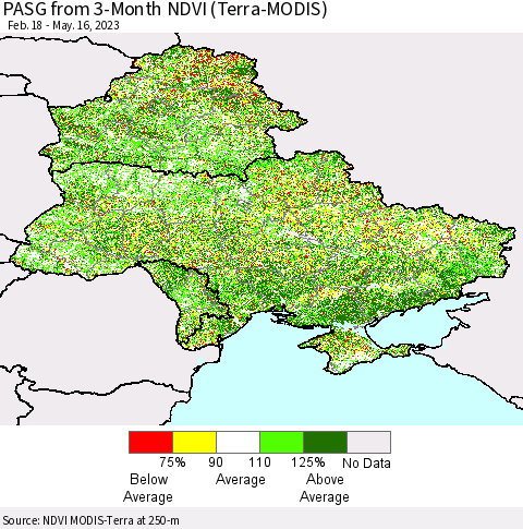 Ukraine, Moldova and Belarus PASG from 3-Month NDVI (Terra-MODIS) Thematic Map For 5/9/2023 - 5/16/2023