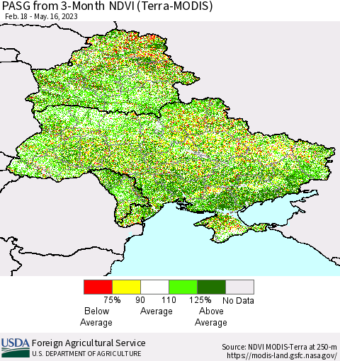 Ukraine, Moldova and Belarus PASG from 3-Month NDVI (Terra-MODIS) Thematic Map For 5/11/2023 - 5/20/2023