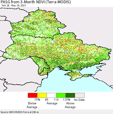 Ukraine, Moldova and Belarus PASG from 3-Month NDVI (Terra-MODIS) Thematic Map For 5/17/2023 - 5/24/2023