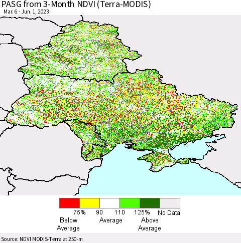Ukraine, Moldova and Belarus PASG from 3-Month NDVI (Terra-MODIS) Thematic Map For 5/25/2023 - 6/1/2023