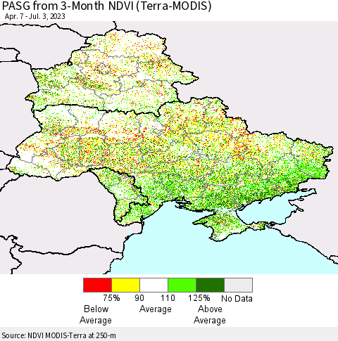 Ukraine, Moldova and Belarus PASG from 3-Month NDVI (Terra-MODIS) Thematic Map For 6/26/2023 - 7/3/2023