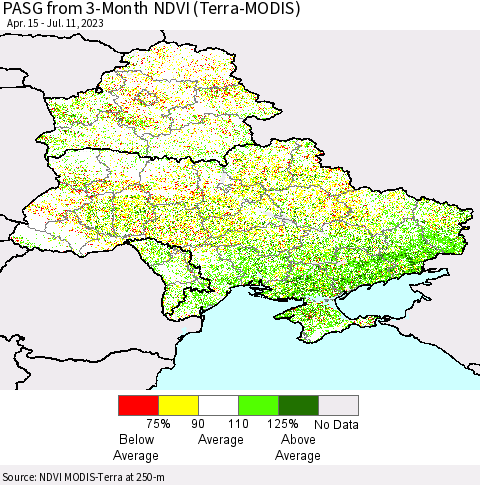 Ukraine, Moldova and Belarus PASG from 3-Month NDVI (Terra-MODIS) Thematic Map For 7/4/2023 - 7/11/2023