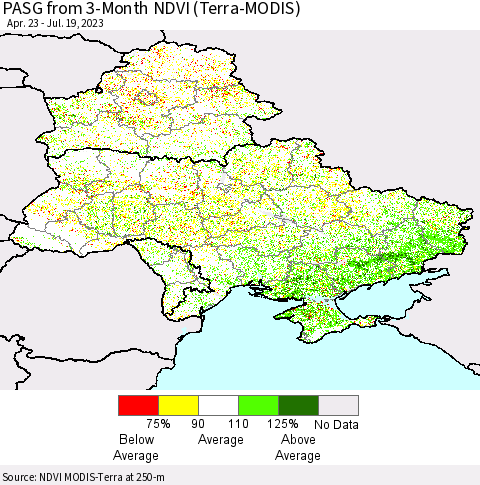 Ukraine, Moldova and Belarus PASG from 3-Month NDVI (Terra-MODIS) Thematic Map For 7/12/2023 - 7/19/2023