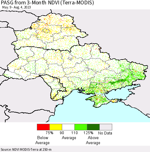 Ukraine, Moldova and Belarus PASG from 3-Month NDVI (Terra-MODIS) Thematic Map For 7/28/2023 - 8/4/2023