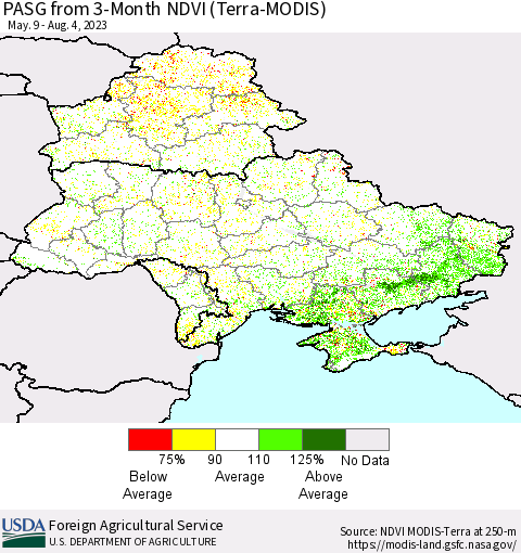 Ukraine, Moldova and Belarus PASG from 3-Month NDVI (Terra-MODIS) Thematic Map For 8/1/2023 - 8/10/2023