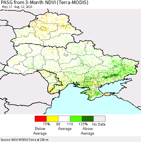 Ukraine, Moldova and Belarus PASG from 3-Month NDVI (Terra-MODIS) Thematic Map For 8/5/2023 - 8/12/2023