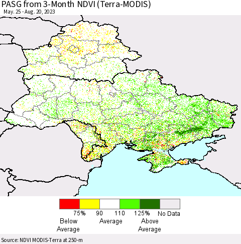 Ukraine, Moldova and Belarus PASG from 3-Month NDVI (Terra-MODIS) Thematic Map For 8/13/2023 - 8/20/2023