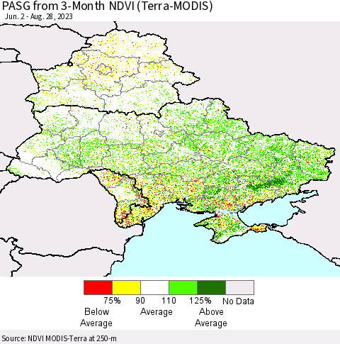 Ukraine, Moldova and Belarus PASG from 3-Month NDVI (Terra-MODIS) Thematic Map For 8/21/2023 - 8/28/2023