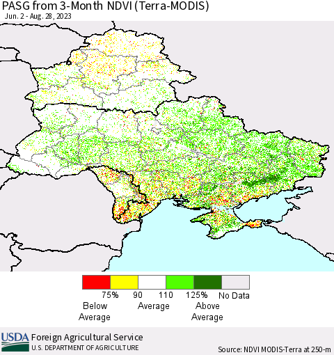 Ukraine, Moldova and Belarus PASG from 3-Month NDVI (Terra-MODIS) Thematic Map For 8/21/2023 - 8/31/2023