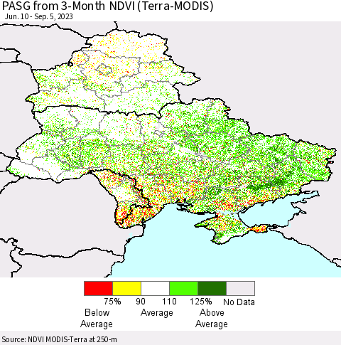 Ukraine, Moldova and Belarus PASG from 3-Month NDVI (Terra-MODIS) Thematic Map For 8/29/2023 - 9/5/2023