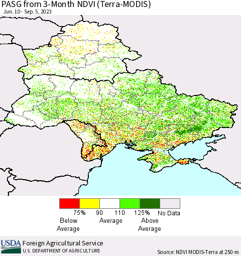 Ukraine, Moldova and Belarus PASG from 3-Month NDVI (Terra-MODIS) Thematic Map For 9/1/2023 - 9/10/2023