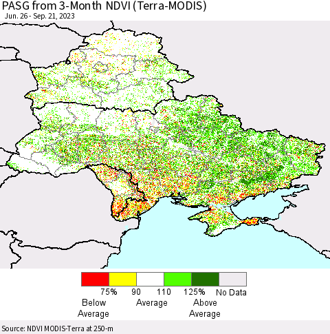 Ukraine, Moldova and Belarus PASG from 3-Month NDVI (Terra-MODIS) Thematic Map For 9/14/2023 - 9/21/2023
