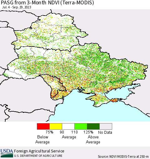 Ukraine, Moldova and Belarus PASG from 3-Month NDVI (Terra-MODIS) Thematic Map For 9/21/2023 - 9/30/2023
