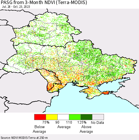 Ukraine, Moldova and Belarus PASG from 3-Month NDVI (Terra-MODIS) Thematic Map For 10/16/2023 - 10/23/2023