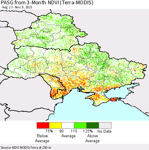 Ukraine, Moldova and Belarus PASG from 3-Month NDVI (Terra-MODIS) Thematic Map For 11/1/2023 - 11/8/2023