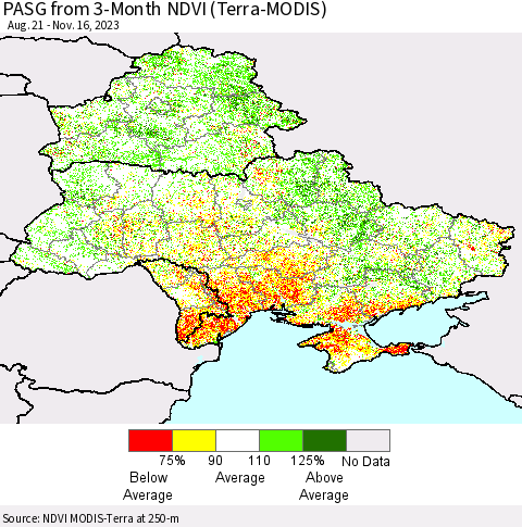 Ukraine, Moldova and Belarus PASG from 3-Month NDVI (Terra-MODIS) Thematic Map For 11/9/2023 - 11/16/2023