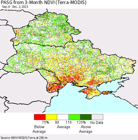Ukraine, Moldova and Belarus PASG from 3-Month NDVI (Terra-MODIS) Thematic Map For 11/25/2023 - 12/2/2023