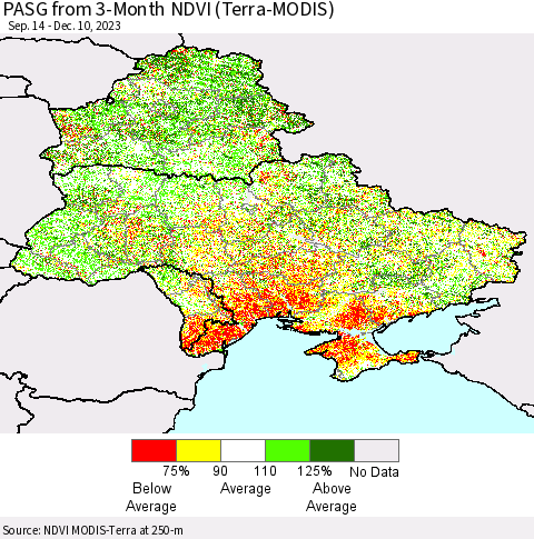 Ukraine, Moldova and Belarus PASG from 3-Month NDVI (Terra-MODIS) Thematic Map For 12/3/2023 - 12/10/2023