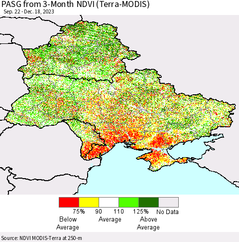 Ukraine, Moldova and Belarus PASG from 3-Month NDVI (Terra-MODIS) Thematic Map For 12/11/2023 - 12/18/2023