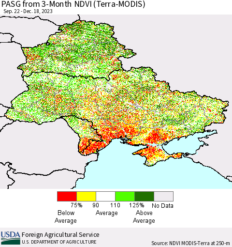 Ukraine, Moldova and Belarus PASG from 3-Month NDVI (Terra-MODIS) Thematic Map For 12/11/2023 - 12/20/2023