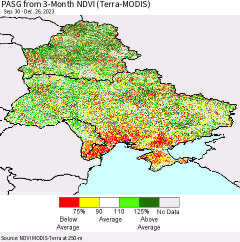 Ukraine, Moldova and Belarus PASG from 3-Month NDVI (Terra-MODIS) Thematic Map For 12/19/2023 - 12/26/2023