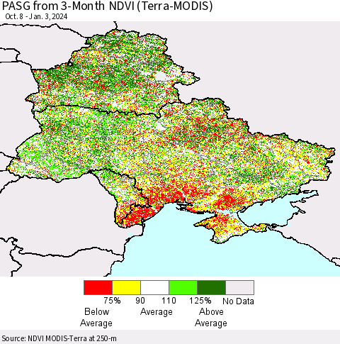 Ukraine, Moldova and Belarus PASG from 3-Month NDVI (Terra-MODIS) Thematic Map For 12/27/2023 - 1/3/2024