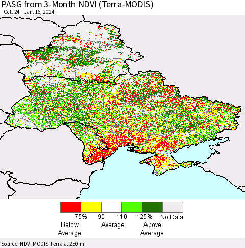 Ukraine, Moldova and Belarus PASG from 3-Month NDVI (Terra-MODIS) Thematic Map For 1/9/2024 - 1/16/2024