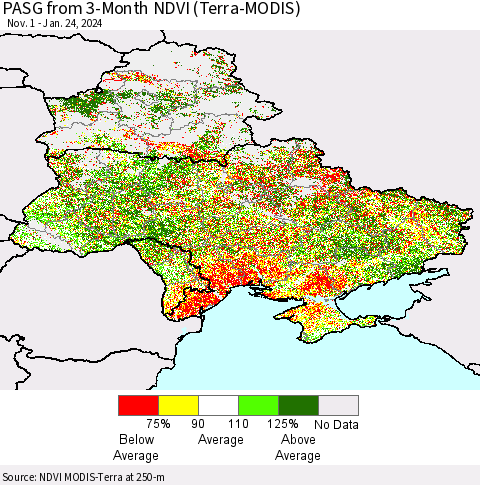 Ukraine, Moldova and Belarus PASG from 3-Month NDVI (Terra-MODIS) Thematic Map For 1/17/2024 - 1/24/2024
