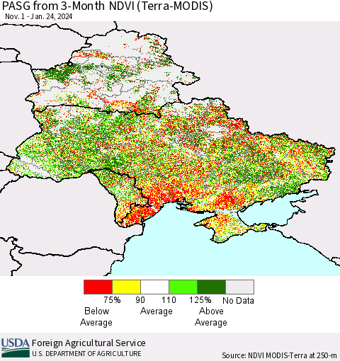 Ukraine, Moldova and Belarus PASG from 3-Month NDVI (Terra-MODIS) Thematic Map For 1/21/2024 - 1/31/2024