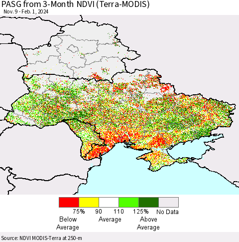 Ukraine, Moldova and Belarus PASG from 3-Month NDVI (Terra-MODIS) Thematic Map For 1/25/2024 - 2/1/2024