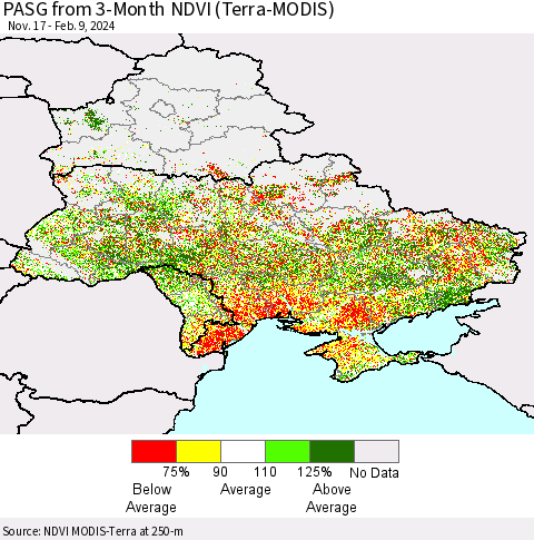 Ukraine, Moldova and Belarus PASG from 3-Month NDVI (Terra-MODIS) Thematic Map For 2/2/2024 - 2/9/2024