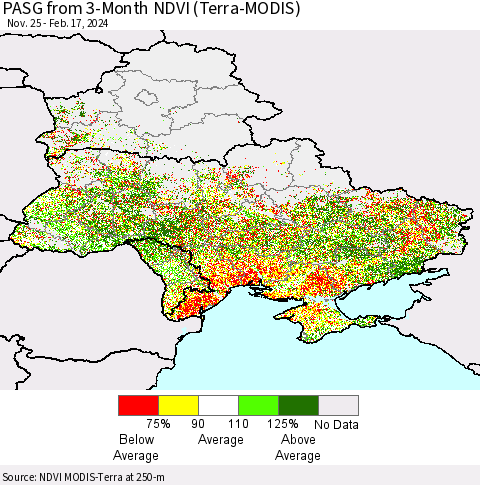 Ukraine, Moldova and Belarus PASG from 3-Month NDVI (Terra-MODIS) Thematic Map For 2/10/2024 - 2/17/2024