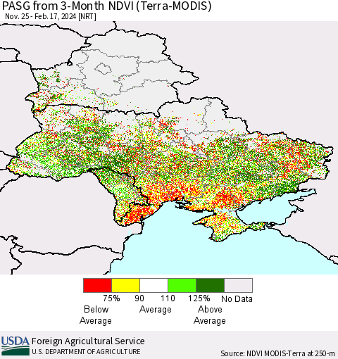 Ukraine, Moldova and Belarus PASG from 3-Month NDVI (Terra-MODIS) Thematic Map For 2/11/2024 - 2/20/2024