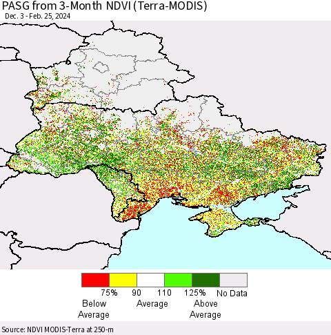 Ukraine, Moldova and Belarus PASG from 3-Month NDVI (Terra-MODIS) Thematic Map For 2/18/2024 - 2/25/2024