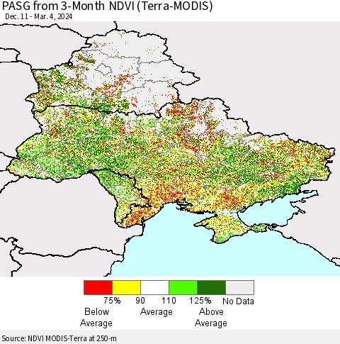 Ukraine, Moldova and Belarus PASG from 3-Month NDVI (Terra-MODIS) Thematic Map For 2/26/2024 - 3/4/2024