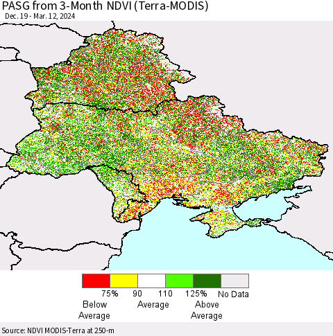 Ukraine, Moldova and Belarus PASG from 3-Month NDVI (Terra-MODIS) Thematic Map For 3/5/2024 - 3/12/2024