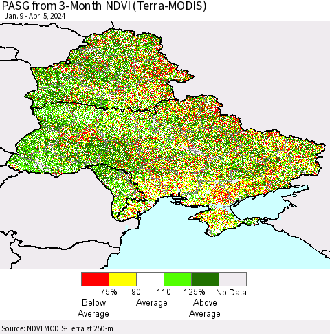 Ukraine, Moldova and Belarus PASG from 3-Month NDVI (Terra-MODIS) Thematic Map For 3/29/2024 - 4/5/2024