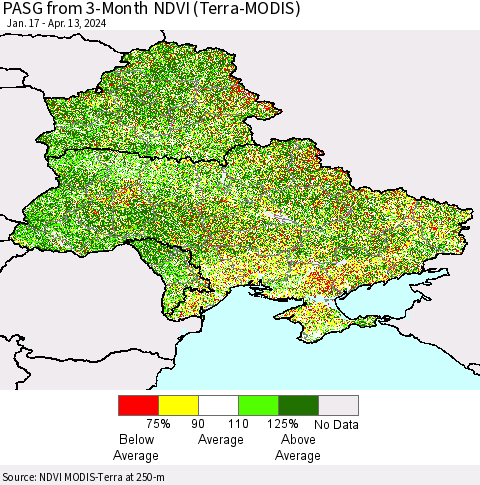 Ukraine, Moldova and Belarus PASG from 3-Month NDVI (Terra-MODIS) Thematic Map For 4/6/2024 - 4/13/2024