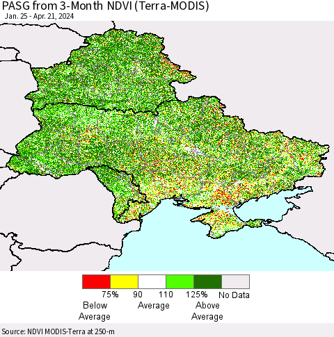 Ukraine, Moldova and Belarus PASG from 3-Month NDVI (Terra-MODIS) Thematic Map For 4/14/2024 - 4/21/2024