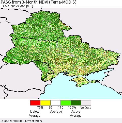 Ukraine, Moldova and Belarus PASG from 3-Month NDVI (Terra-MODIS) Thematic Map For 4/22/2024 - 4/29/2024