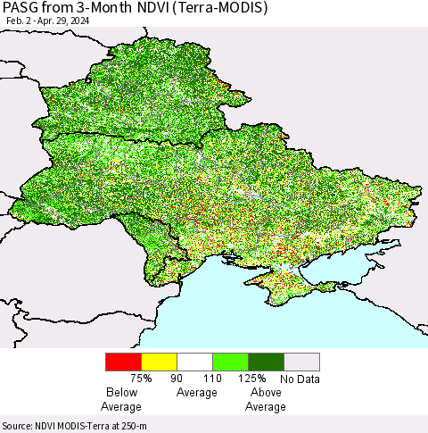 Ukraine, Moldova and Belarus PASG from 3-Month NDVI (Terra-MODIS) Thematic Map For 4/22/2024 - 4/29/2024