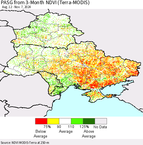 Ukraine, Moldova and Belarus PASG from 3-Month NDVI (Terra-MODIS) Thematic Map For 10/31/2024 - 11/7/2024