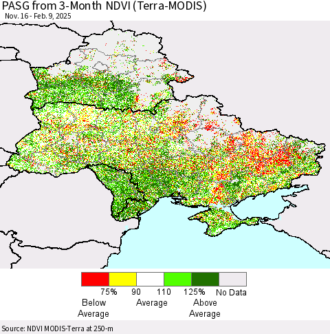 Ukraine, Moldova and Belarus PASG from 3-Month NDVI (Terra-MODIS) Thematic Map For 2/2/2025 - 2/9/2025