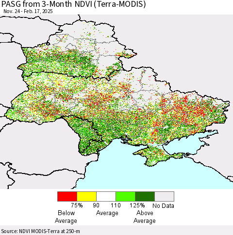 Ukraine, Moldova and Belarus PASG from 3-Month NDVI (Terra-MODIS) Thematic Map For 2/10/2025 - 2/17/2025